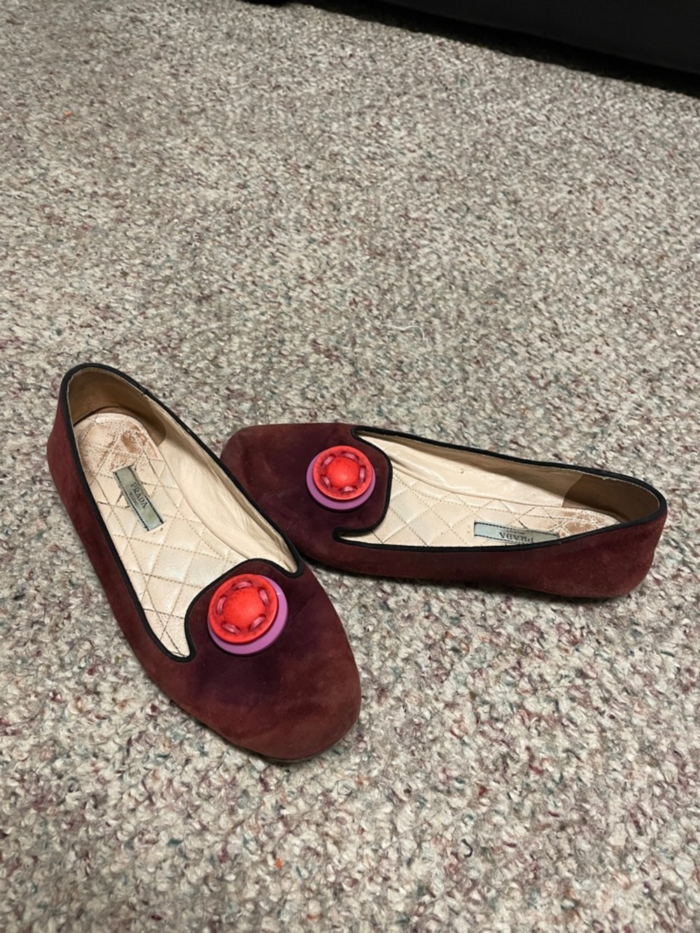 Prada Suede Burgundy Ballet Flats with Decorative Button accents